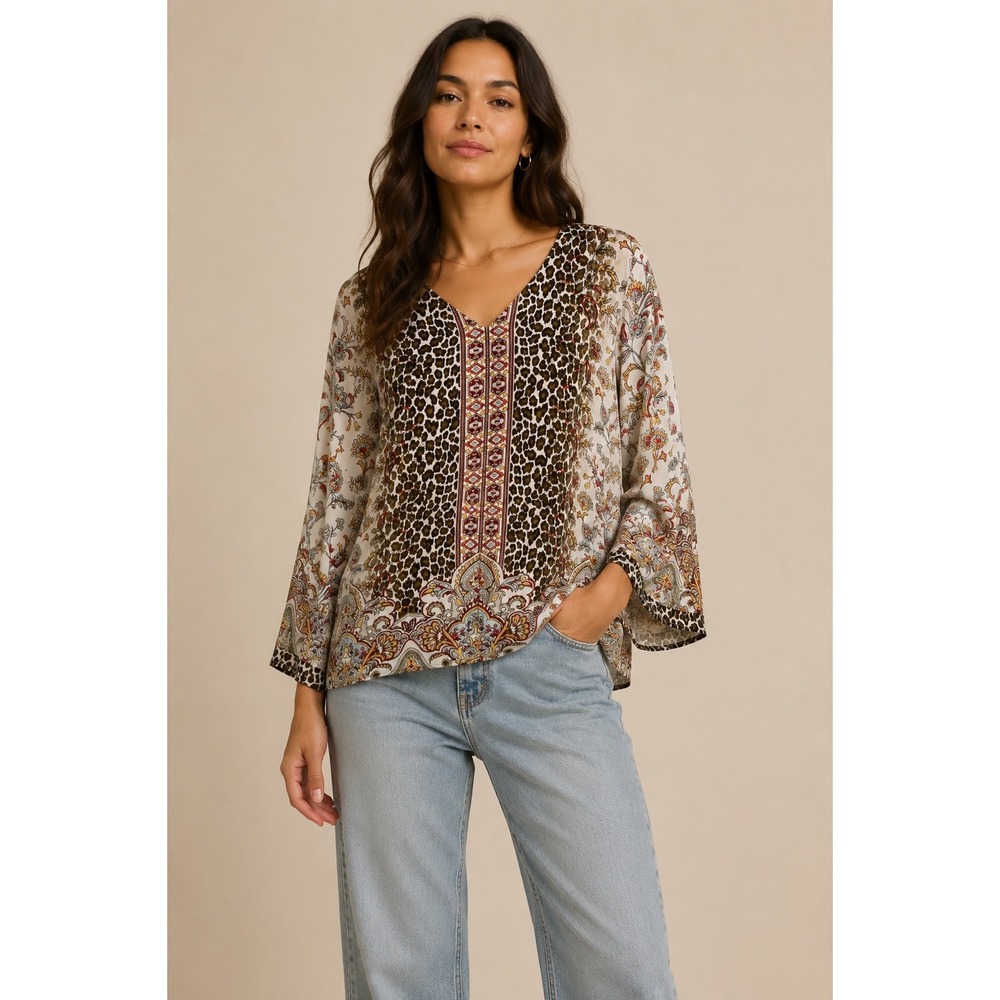 Chicos‎ Leopard Floral Paisley V-Neck Top Size 1 Medium 3/4 Sleeve Mixed Print